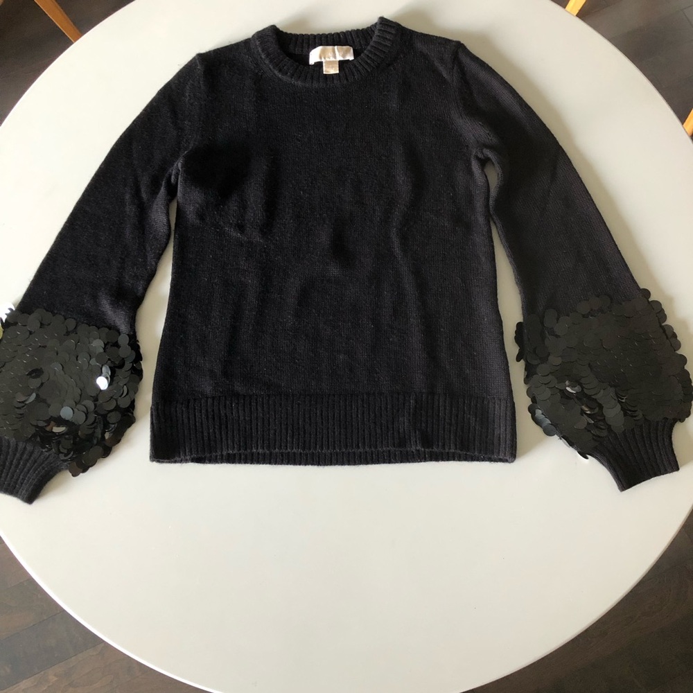 Michael Kors Black Crewneck Sweater with Sequin Bubble Sleeves
